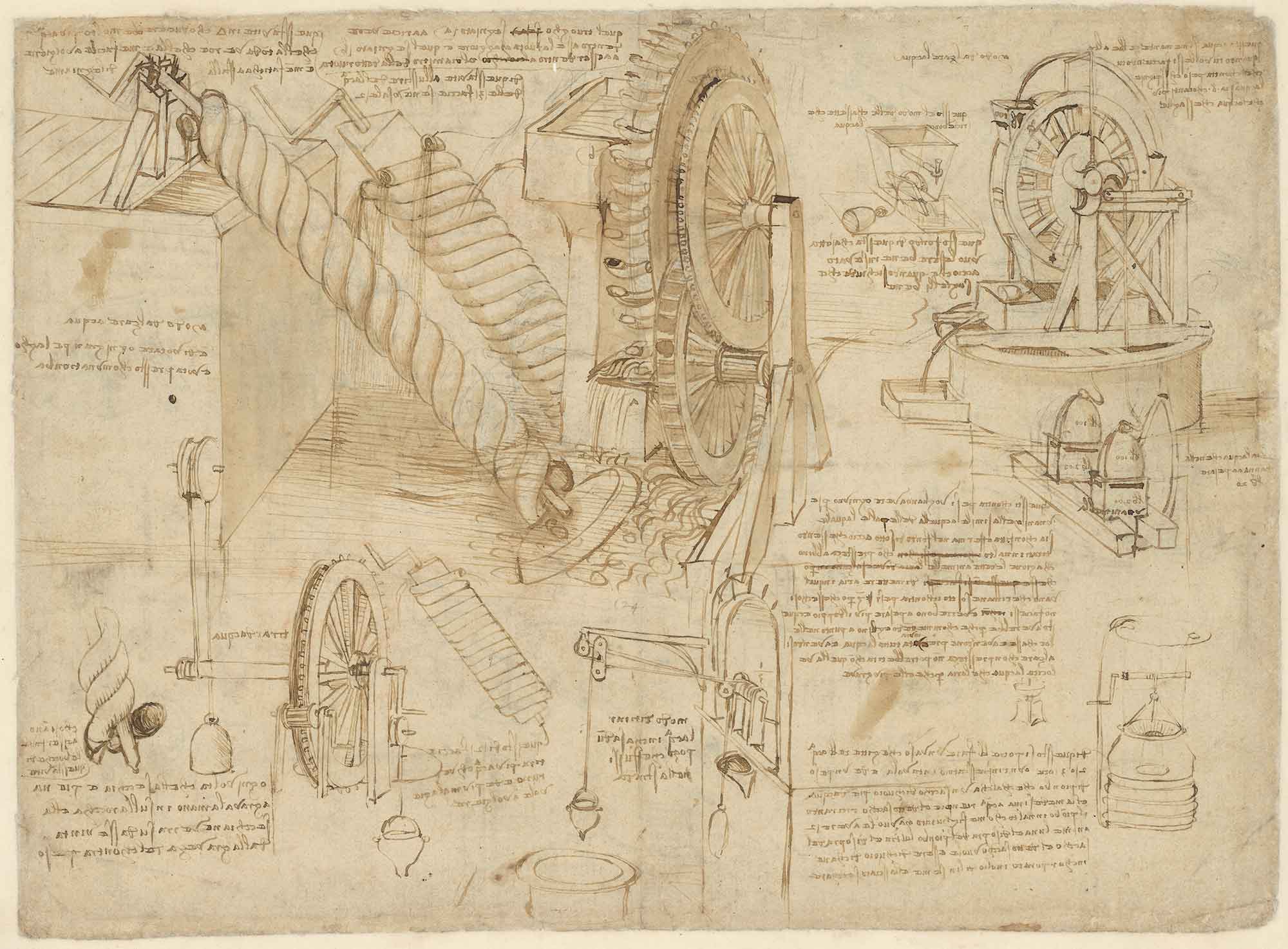 Une page d'un manuscrit sur laquelle sont portés plusieurs dessins techniques et leurs commentaires.