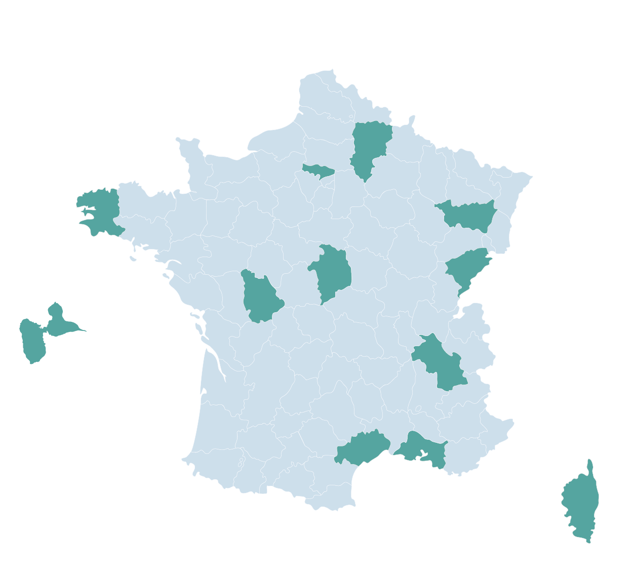 Départements de l'Aisne, du Val d'Oise, Bouches-du-Rhône, le Cher, la Corse-du-Sud, le Doubs, le Finistère, la Guadeloupe, l'Hérault, l'Isère, la Vienne, les Vosges